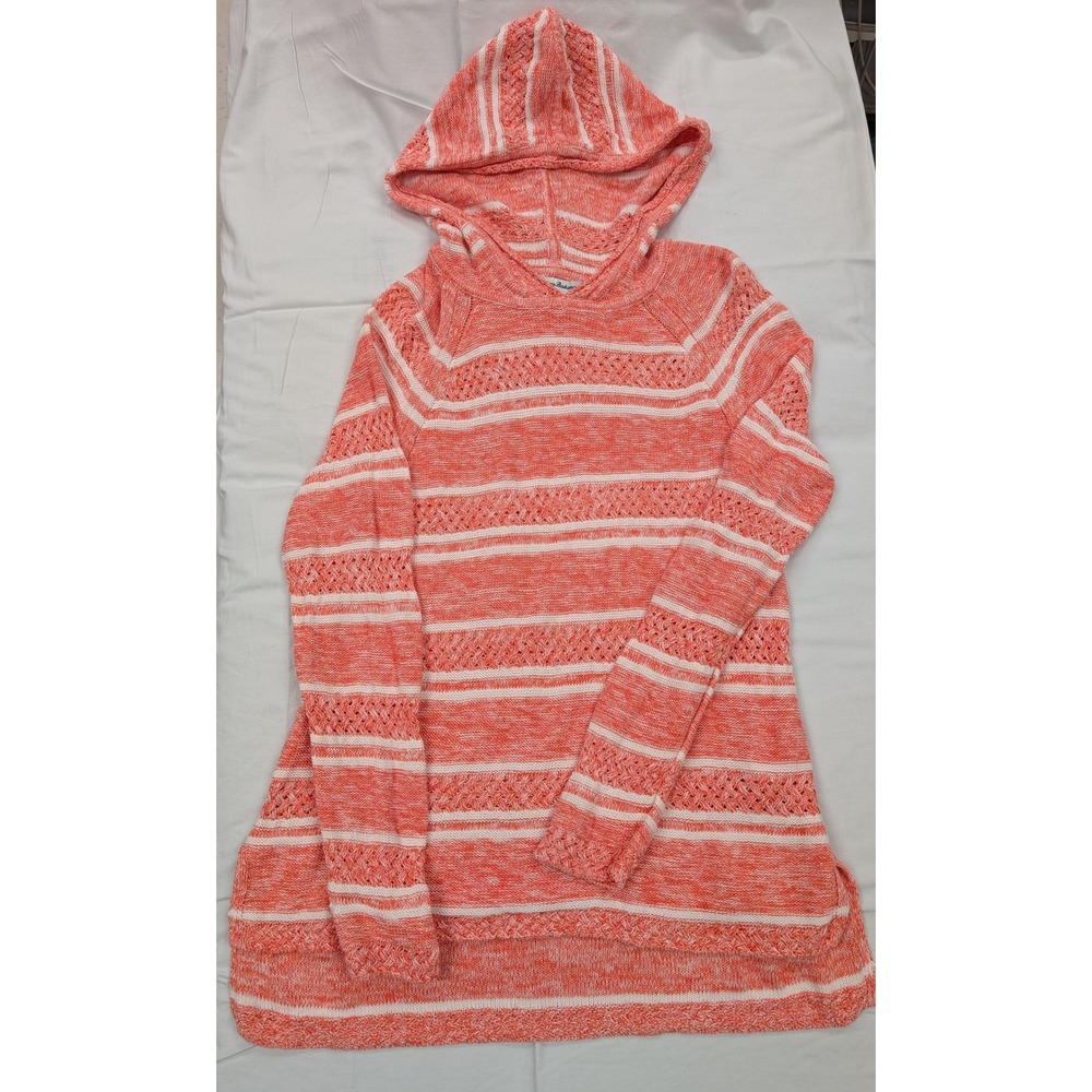 Tommy Bahama Anacapa Marled Stripe Linen Blend Knit Hoodie Coral White Women's S